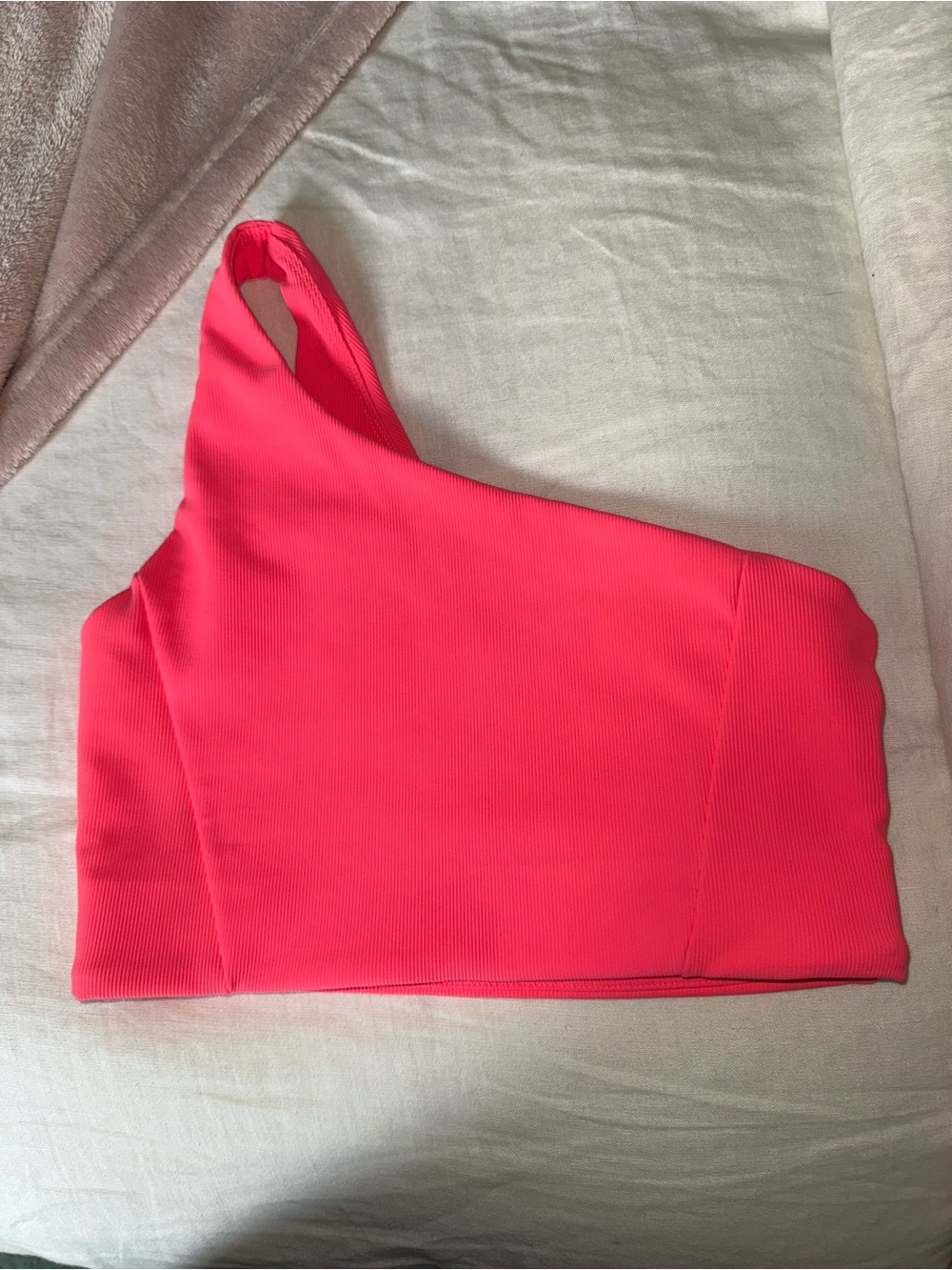 One-Shoulder Ribbed Sports Bra - Neon Pink